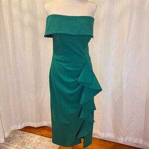 KOURTNEY SCUBA CREPE OFF THE SHOULDER RUFFLE MIDI DRESS